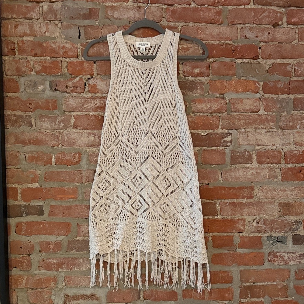 Elegant Cream Knit Fringe Dress